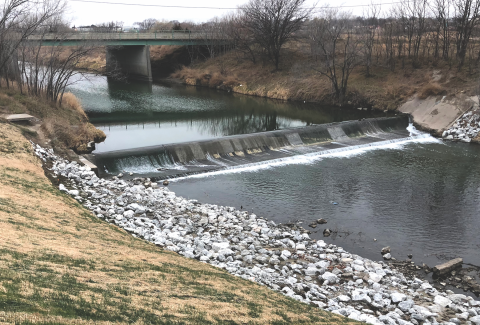 A similar Oak Creek weir, near First Street, after it was rehabilitated in 2018.