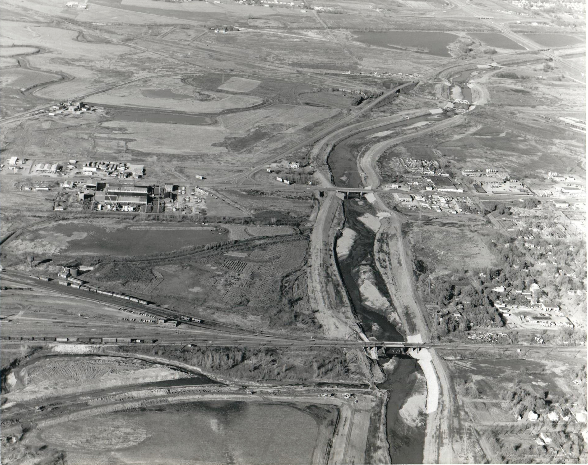 Salt Creek looking north in the mid-1960s. Work had started on the levee. “O” Street is near the top.